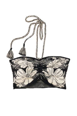 Farm Rio Macaw Elegance Halter Crop Top -Sunny Sundress Sales 311567 Apparel Top Macaw Elegance Black Laydown