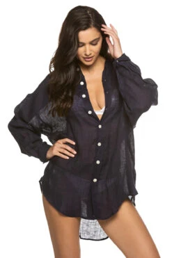 Playa Button Down Shirt Dress -Sunny Sundress Sales 8NLSEGMD Apparel Top Midnight EcoLinen Gauze Front1