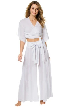 ELAN Wide Leg Bow Tie Pants -Sunny Sundress Sales ELA WHITE WH Bottoms Front 90418